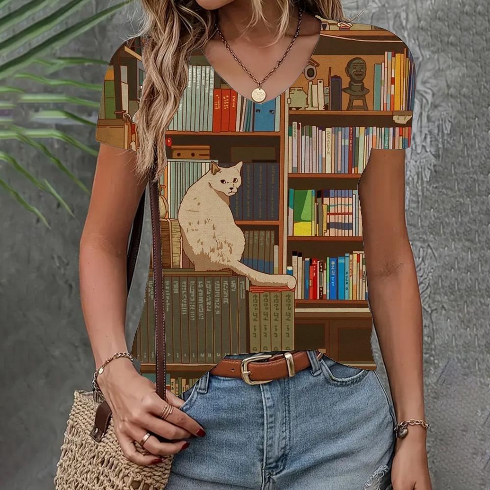 Women's T-shirt Casual Loose  Clothing Cat Pattern Top Summer New Fashion V-neck