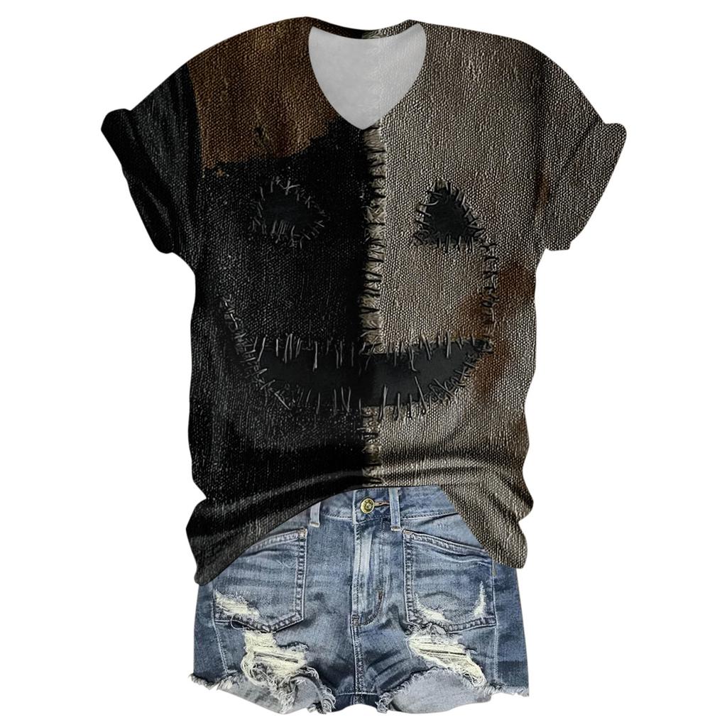 Women's Fashion Casual Three-quarter Sleeve Halloween Letters,  Face Print Top