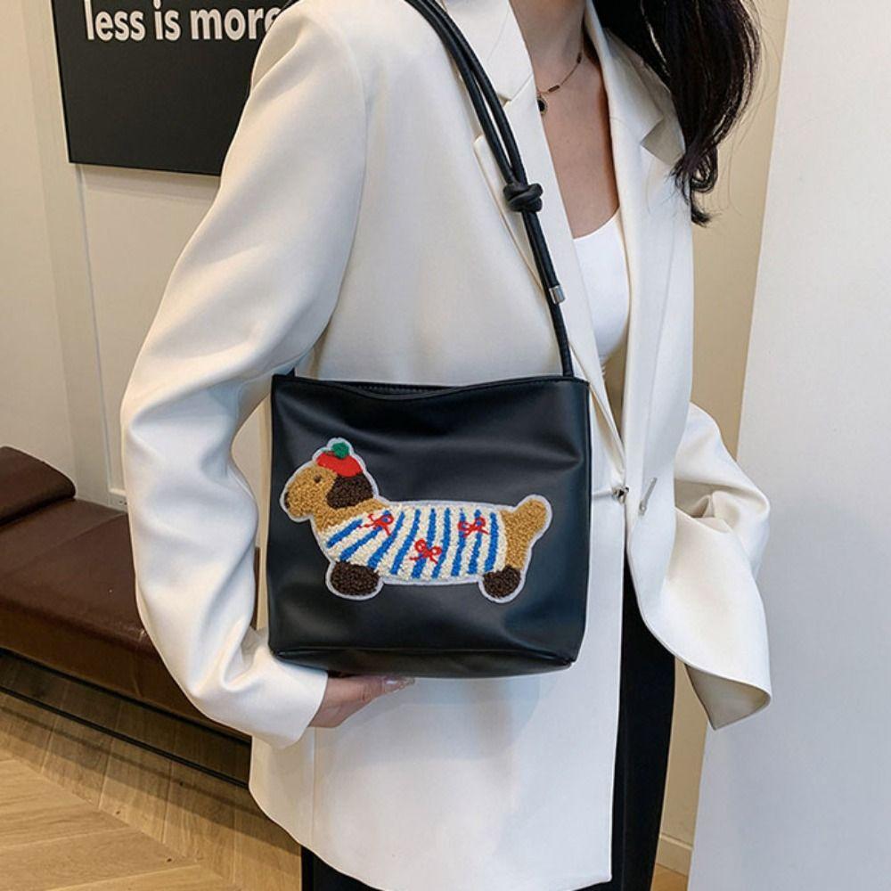 Square Bag Embroidery Shoulder Bag Towel Dachshund Puppy Underarm Bag Sweet   Women