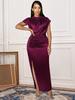 Elegantní vínově červené dámské šaty plus size dlouhé plisované bez rukávů maxi róba vysoký límec slim fit lesklé večerní párty outfity s rozparkem