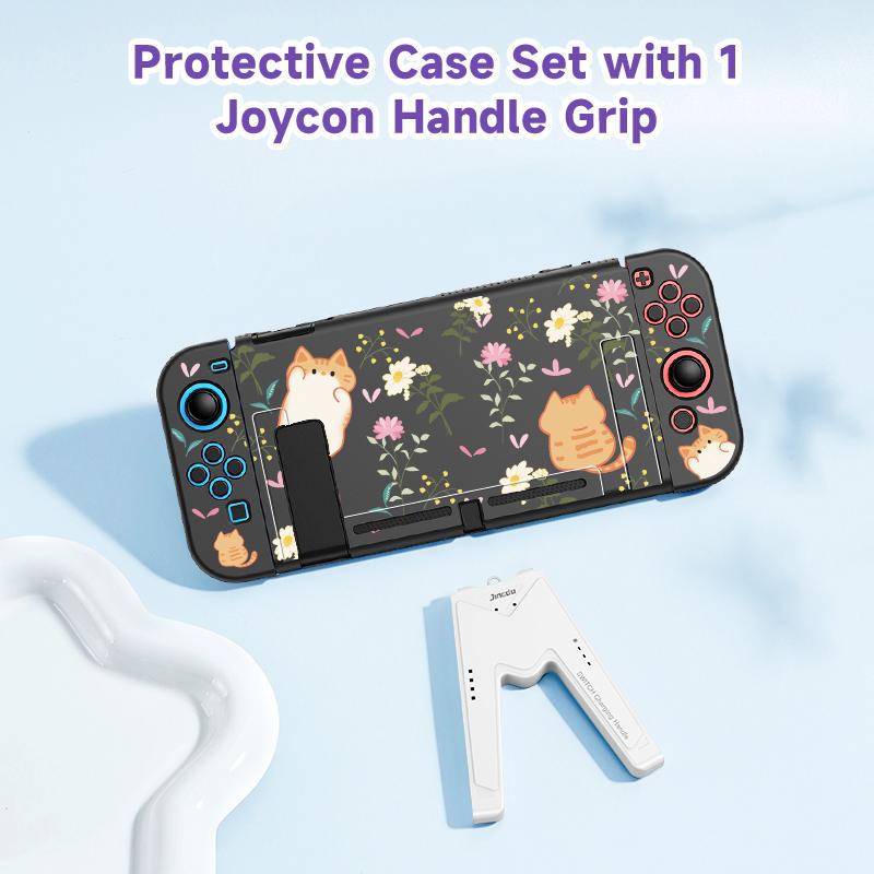 1 Piece Orange Cat and Flower Protective Case with 1 Gamepad Grip for Switch NS/Oled, Drop and Scratch Resistant