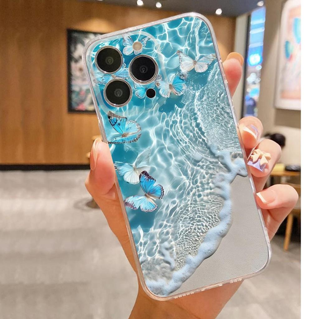 Seaside Blue Butterfly Transparent Anti-Drop Case for iPhone 14/15/16/17 Pro Max Series