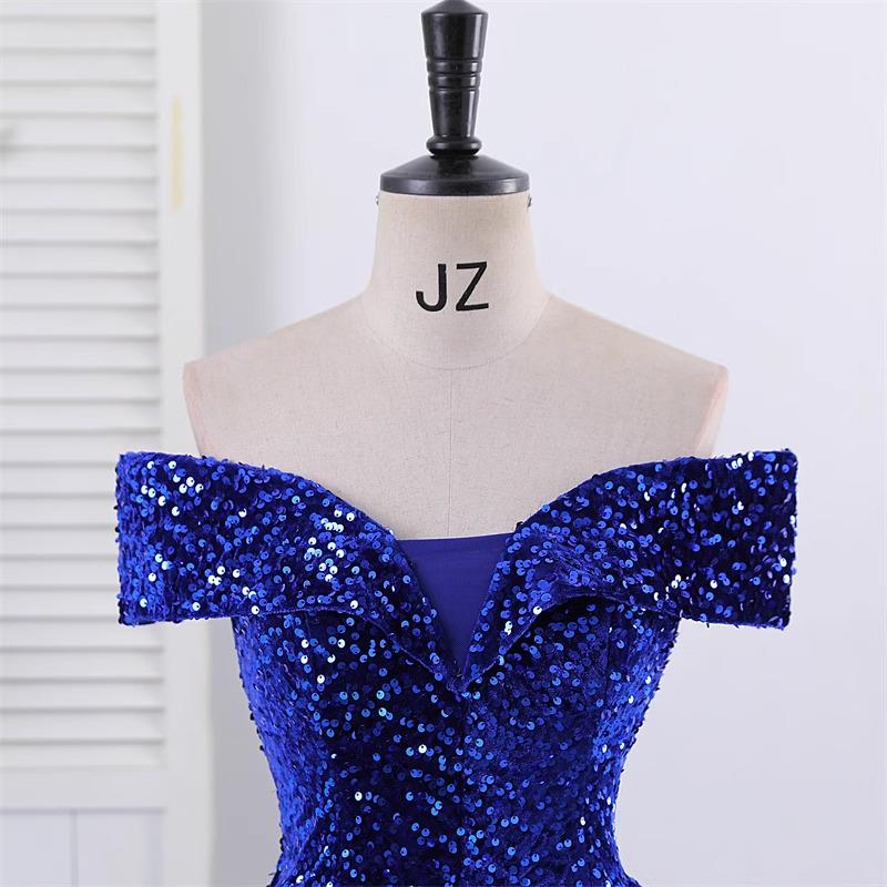 Off-the-Shoulder Sequined Evening Gown for Women: Ideal for Performances, Beauty Pageants, and Gala Events with Puffy Long Skirt.
