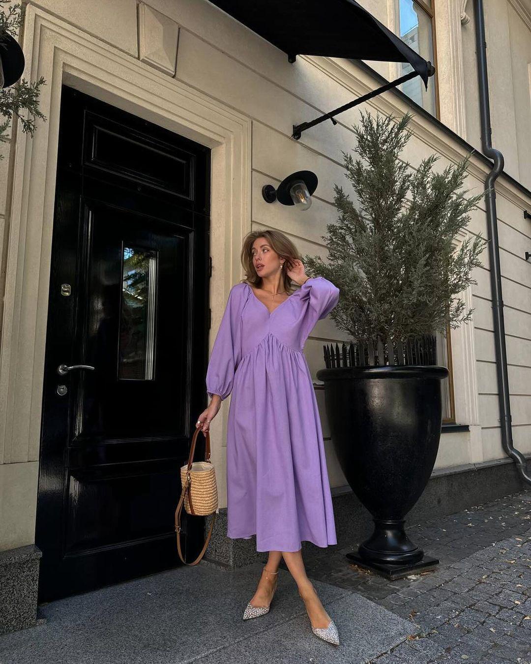 2024 Autumn European & American Long Backless Lace-Up Casual Dress Medium фиолетовый