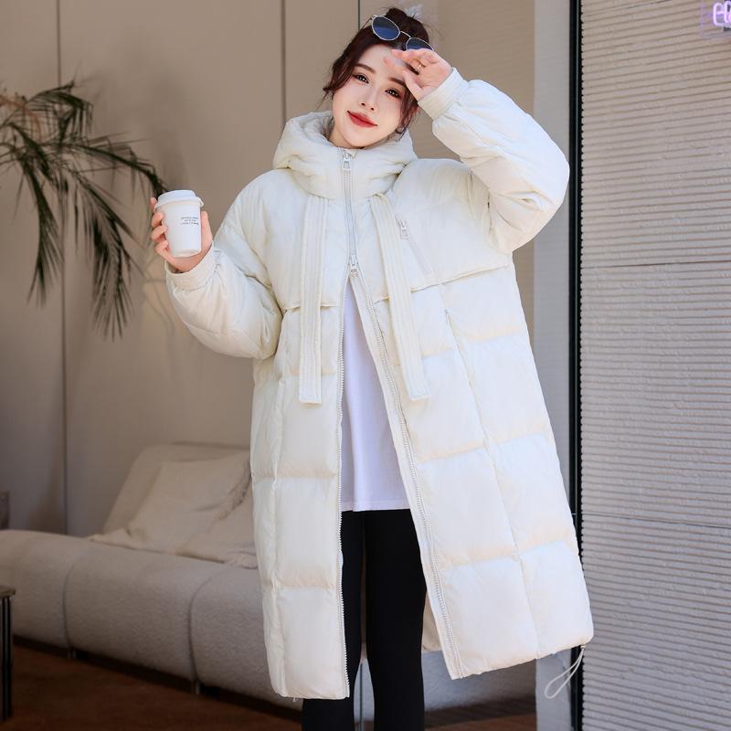 Daunenkleidung Damen mit Kapuze verdickt Bänder lange Daunenkleidung große Steppdecke über dem Knie lässige Damenjacke