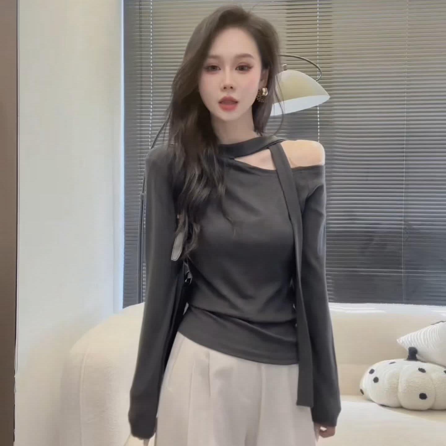 Design-Sense Autumn Asymmetrical Slash Neck Long-Sleeved Ribbon Top Medium