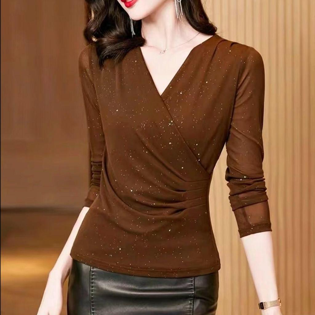 Women's V-Neck Long-Sleeve Mesh Top, Spring/Autumn 2025 – Trendy Inner/Base Layer Shirt