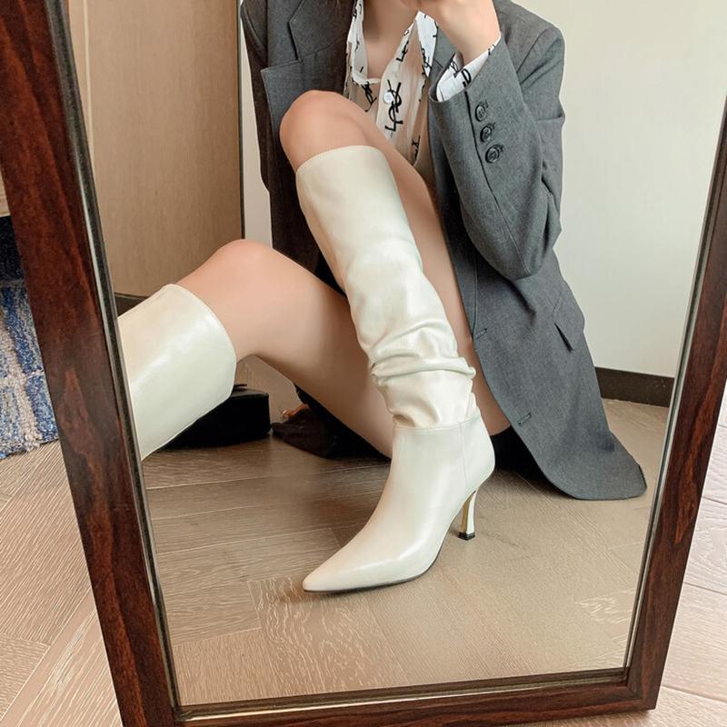 Modne NOWE Buty Jesienne Damskie Szpiczasty Nosek Szpilki Split Skóra Kozaki dla Kobiet INS Moda Seksowne Kozaki do Kolan Plisowane Kozaki na Wysokim Obcasie