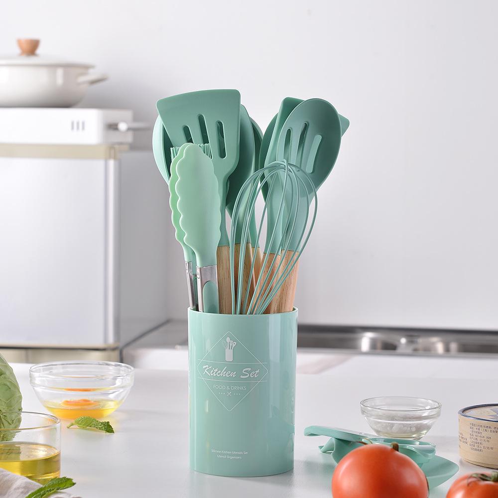 14-Piece Non-Stick Silicone Kitchenware Set with Wooden Handles