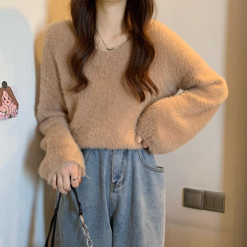 Women's Mid-Length V-Neck Faux Mink Fur Knit Sweater - Autumn/Winter Collection