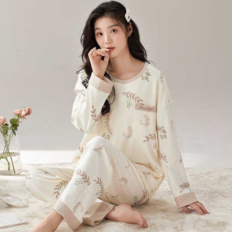 Dámské bavlněné pyžamo s dlouhým rukávem s kresleným potiskem na rok 2024: Tenký, nositelný venku, ideální pro podzim/zimu/jaro