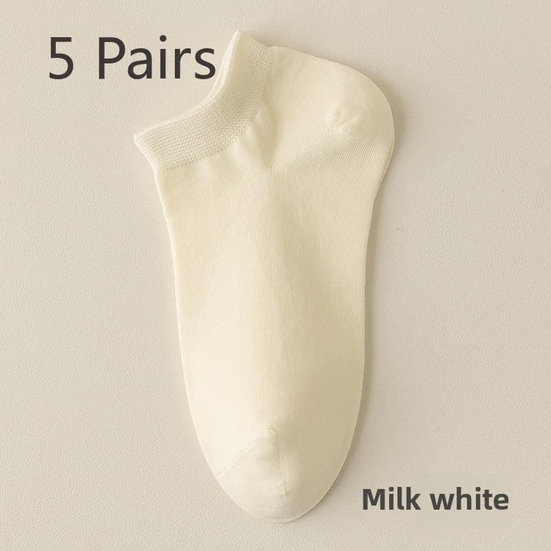 

5 пар женских весенних и летних однотонных хлопковых антибактериальных носков с защитой от запаха, короткие, с бочкообразным узором 5 Pairs молочный белый