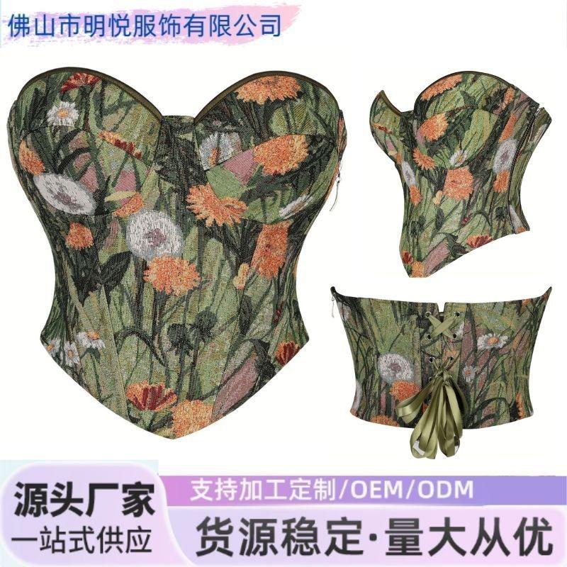 Corsetto Top Floreale Senza Spalline Scollatura a Cuore Bustier Steccato per Donna