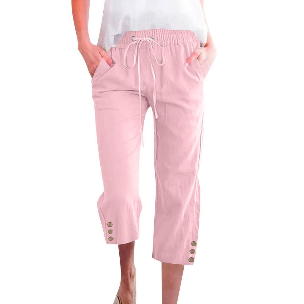 Spring Solid Color Cotton Linen Drawstring Cropped Pants