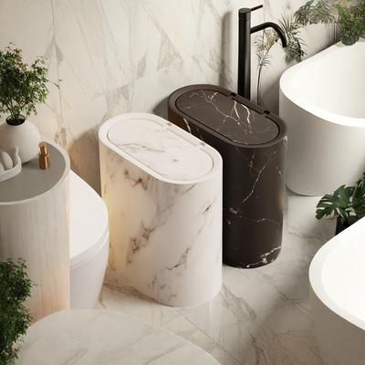 1 ks odpadkový koš s víkem vzor mramor - design s lisovacím víkem, plastový koš, moderní černobílá mramorová textura pro koupelnu, ložnici
