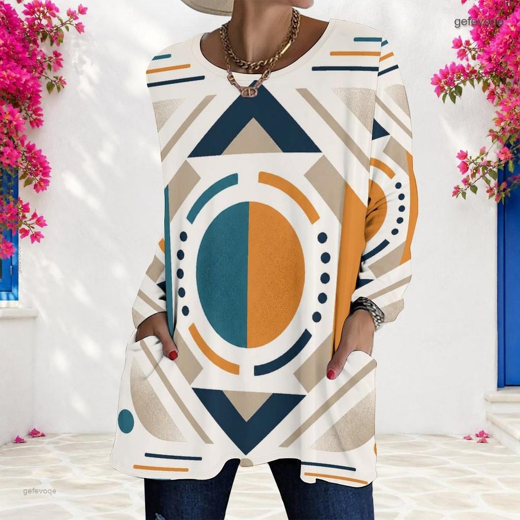 Women Plus Size Round Neck Long Sleeve Abstract Printed Loose Longline T Shirt With Pockets