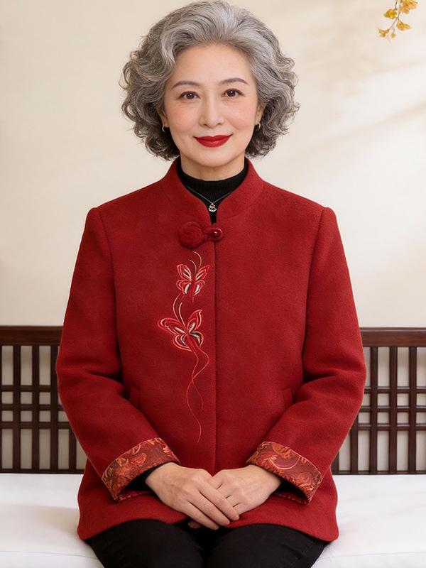 

Elegant Chinese Style Autumn/Winter Wool Coat for Middle-Aged and Elderly Women 3XL (135-150 Jin) красный