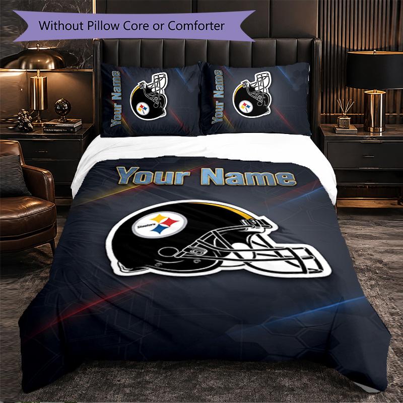 Pittsburgh Steelers Customized Name Text Bedding Set, 1 Duvet Cover & 2 Pillowcases Personalized Bedroom Gift