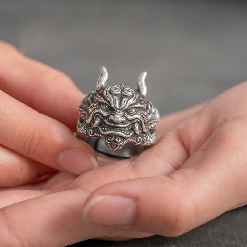 Adjustable Open Ring Men Women Gothic Mask Design Plated Geometric Statement Retro Vintage Style
