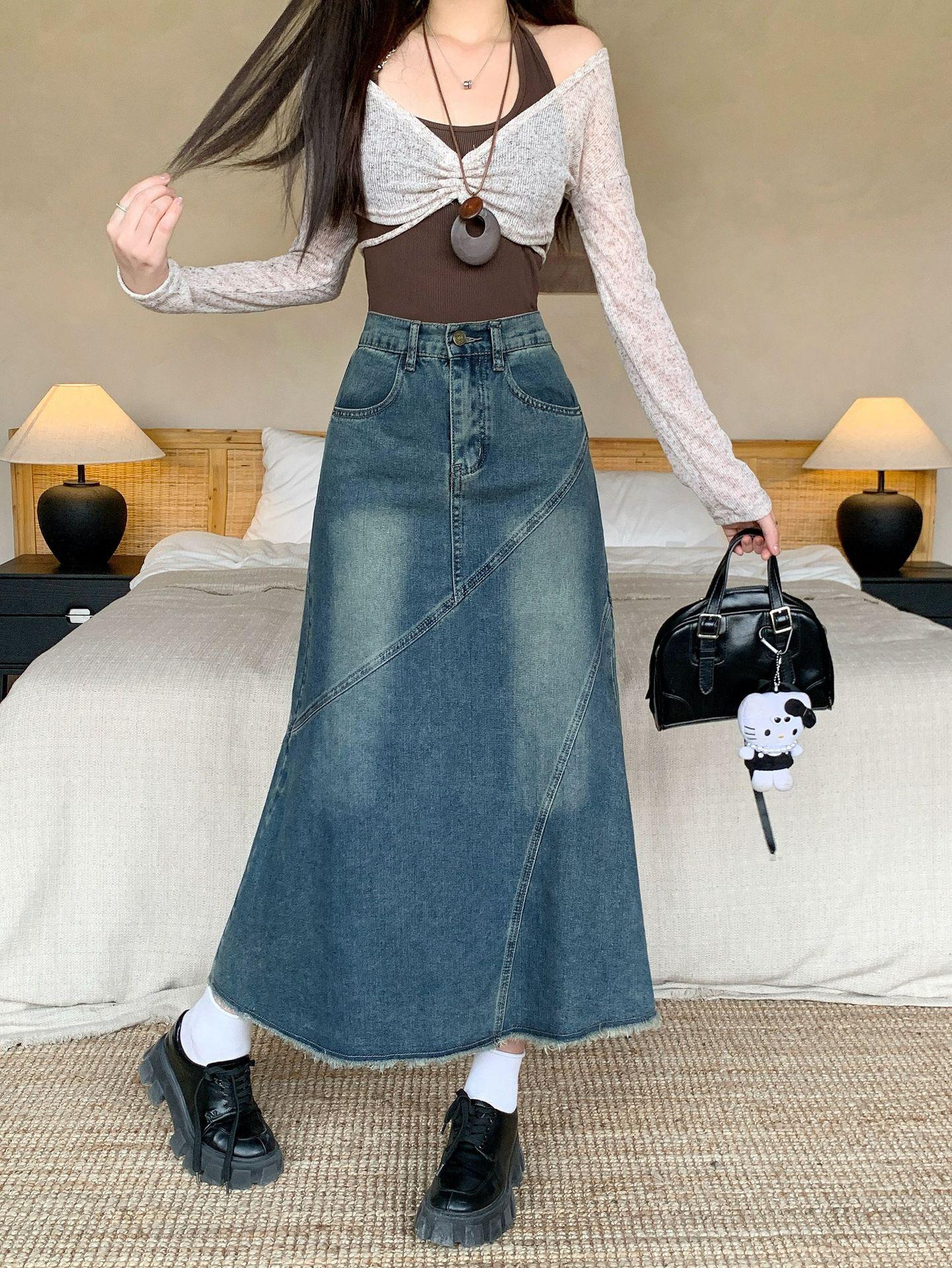2026 Spring Plus Size A-line Denim Skirt with Retro Frayed Hem, High Waist, Mid-Length, Loose Fit. XXXL синий