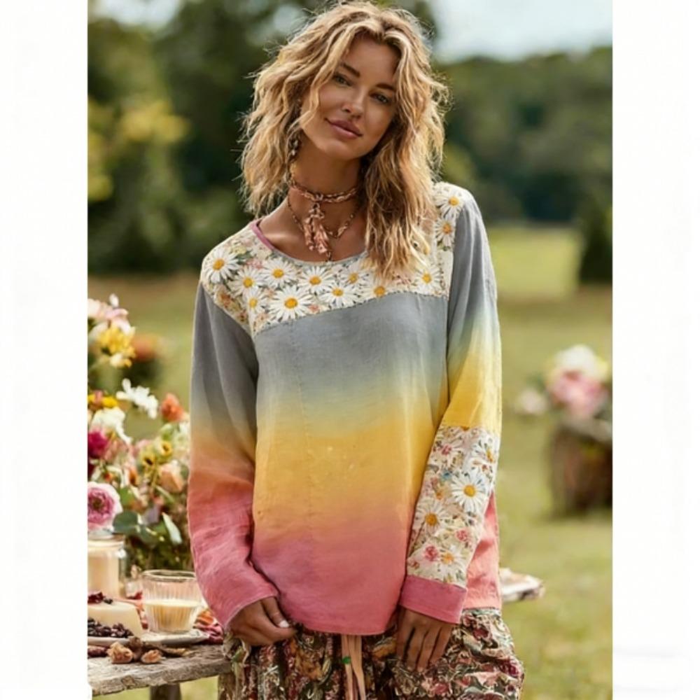Spring Women's T-shirt Europe America Fashion Floral Print Pullover Bohe Style Women Long Sleeve T-shirt Outdoor Casual Tees Top