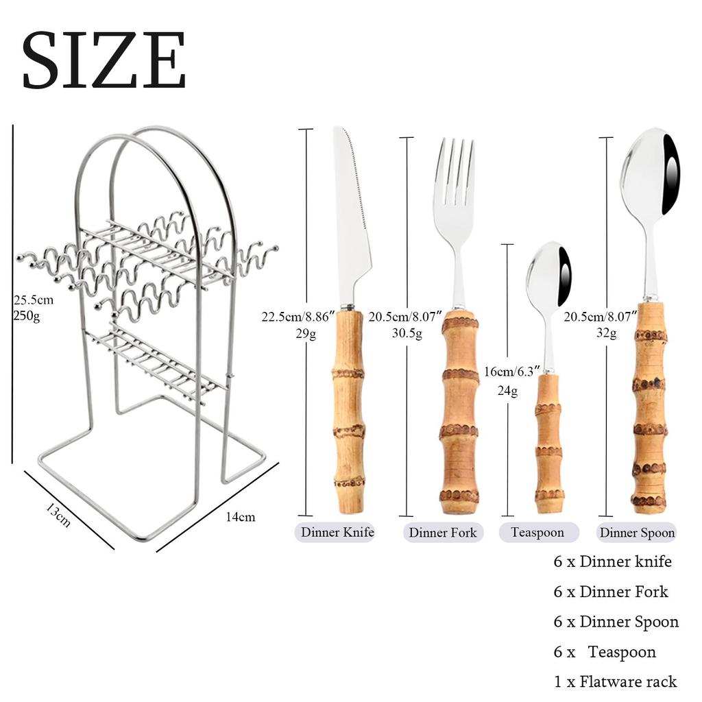 24-teiliges Luxuriöses Bambus-Besteckset - Langlebiges Silbernes Edelstahl-Tafelbesteck mit Besteckhalter, Spiegelpoliert
