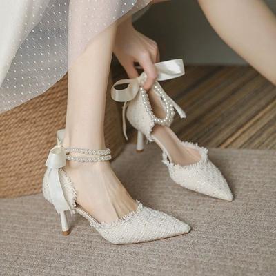 Spring and Summer Sandals Pointed Beaded Bow Hollow High Heel Single Shoes Women