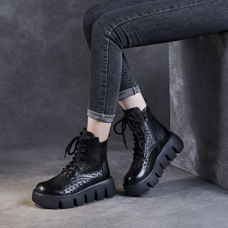 2025 Summer New Retro Cool Boots Hole Shoes Zipper Platform Shoes Ethnic Fashion Women's Shoes Women's Muffin Shoes