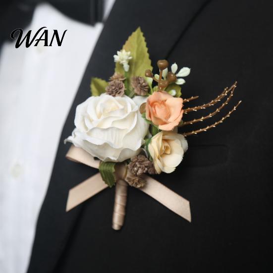 Exquisite Rose Pin Bud Wedding Flower Set, Wrist Corsage for Bride Bridesmaid Durable & Boutonniere Groom Groomsman, Artificial Silk Floral