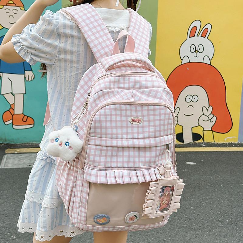 Checkered Pattern Sweet Lace Design Student Backpack With Plush Decor Pendant