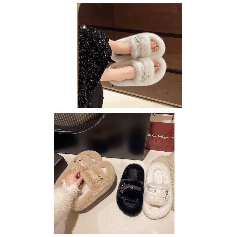 Women's Autumn and Winter New Fur Slippers Fashion Wear Belt Buckle Cotton Slippers