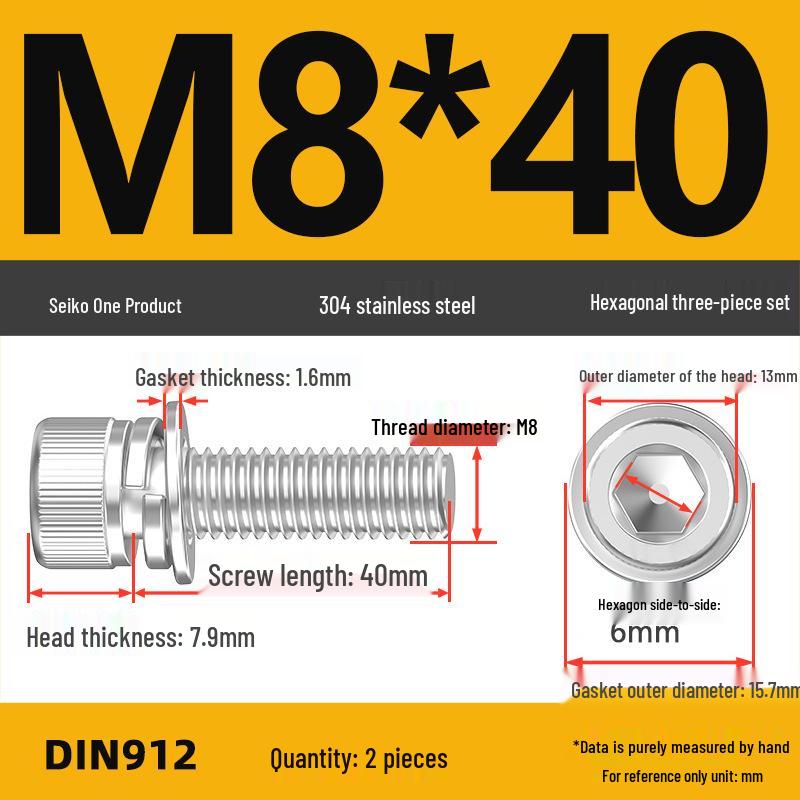 304 Stainless Steel Hex Socket Cap Screw with Washer - Sizes M3, M4, M5, M6, M8, M12