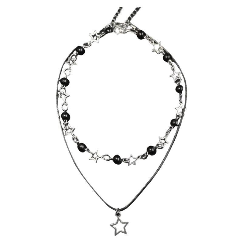 Fashion Double Layered Black Bead Star Choker Necklace Punk Pentagram Leather Rope Necklaces For Women Girls