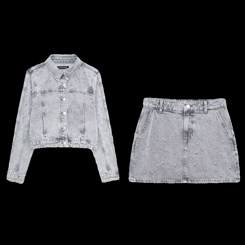 Fashion Style 2024 Spring New Women's Artificial Pearl Denim Jacket Coat High Waist Skirt 5862065 802