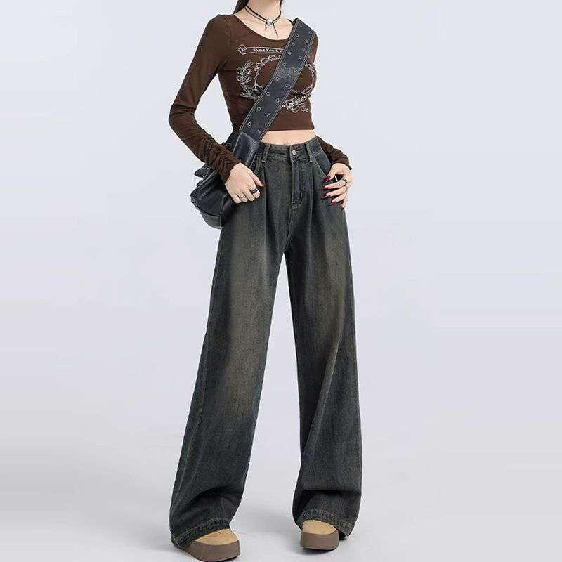 

Women s Cement Gray High-Waisted Wide-Leg Jeans - Autumn Winter Retro Style, Petite Loose Fit L