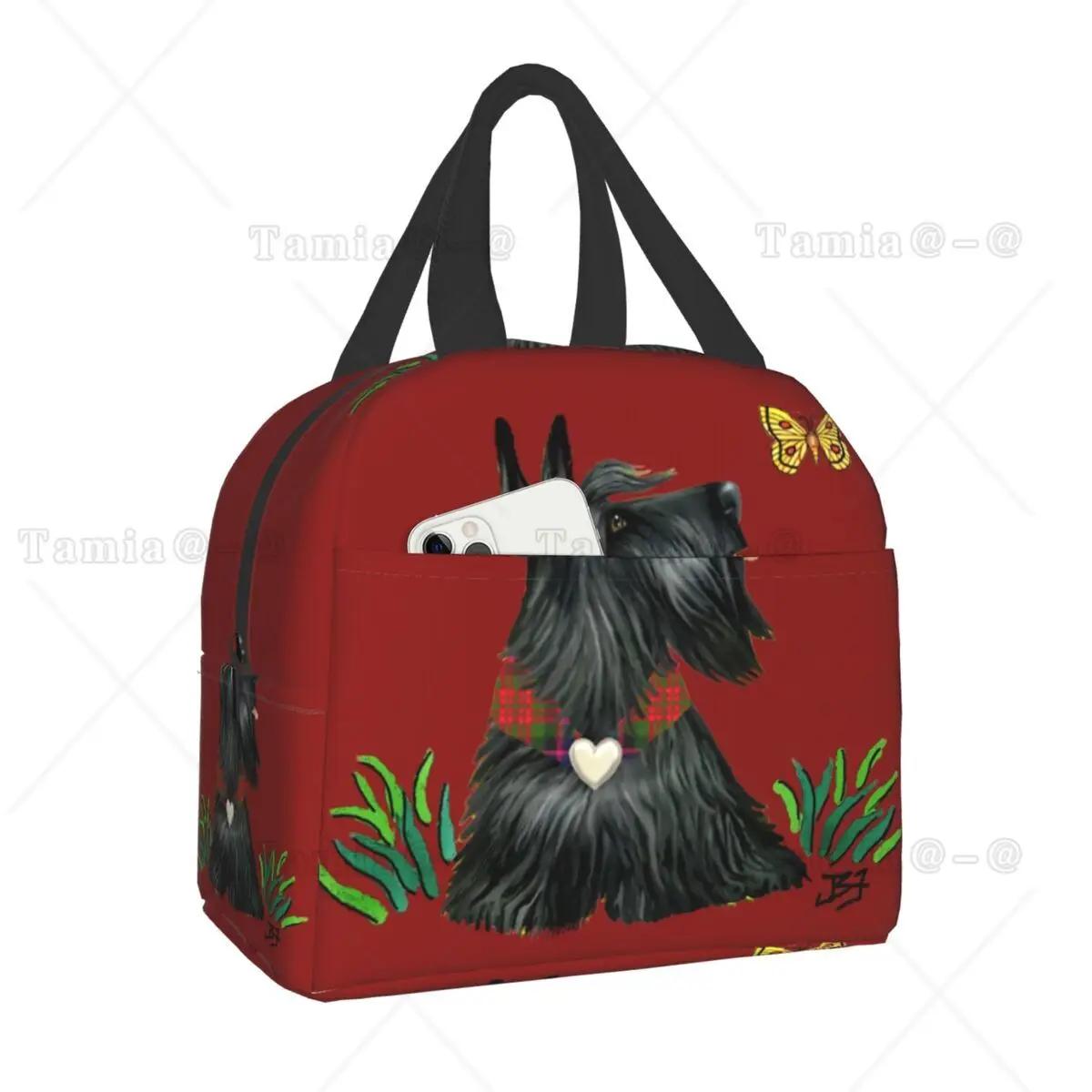 

Скотч-терьер наблюдает за бабочкой термоизолированная сумка для ланча женская шотландская собака многоразовая сумка для ланча многофункциональная коробка для еды 22x20x13CM бежевый