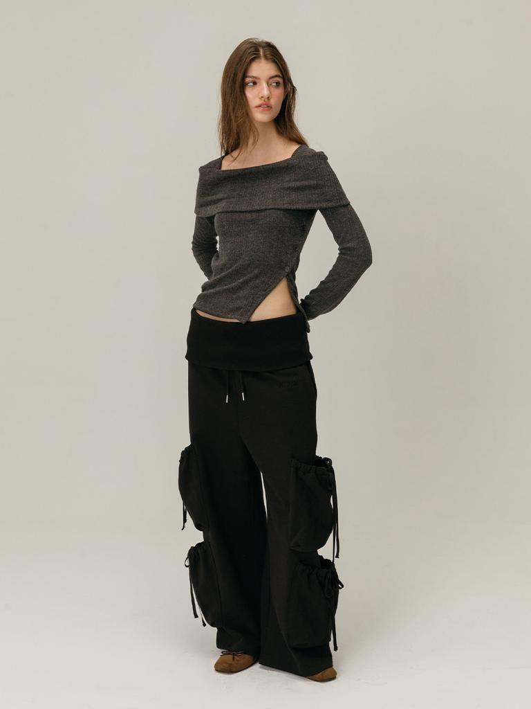 MOIFAIRE Foldover Shirring Sweatpants / Black