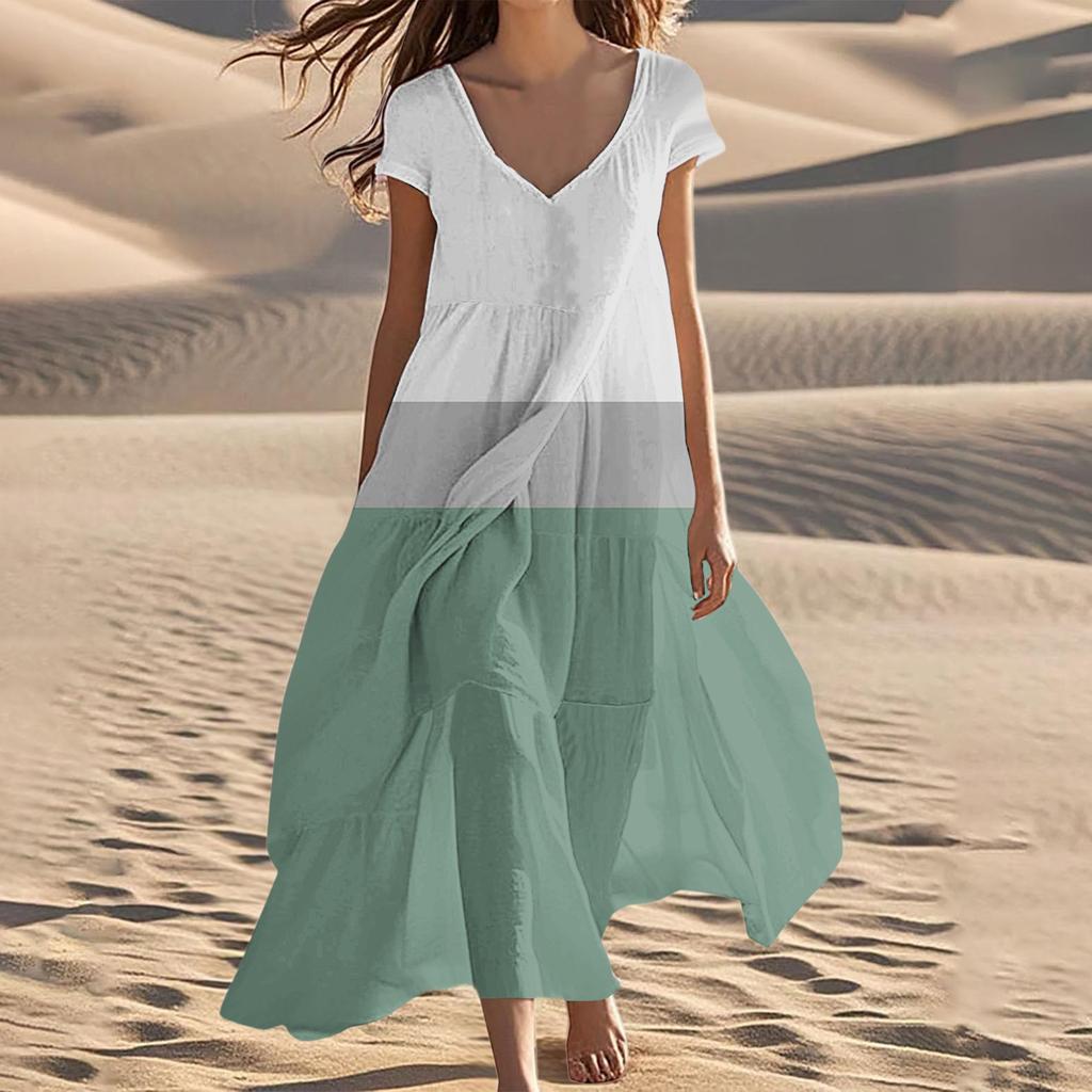 Women's Summer Fashion V-Neck Beach Long Short Sleeve Striped Geometric Print Dresses