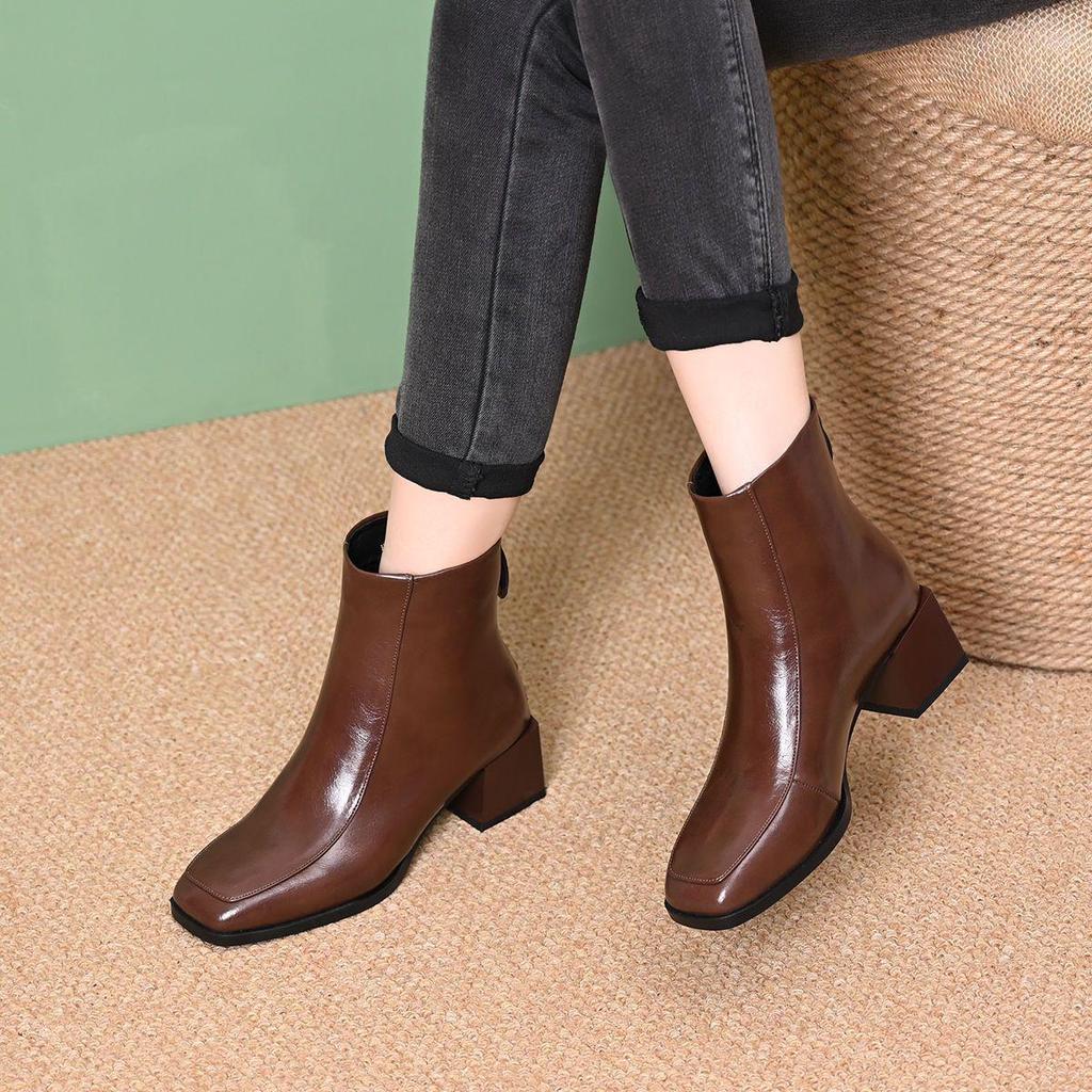 Damen Stiefeletten mit Blockabsatz - Herbst/Winter 2025, Leder, Plus Samt, Nude, Eckige Zehenpartie, Mittelhoher Absatz, Bequeme Passform.