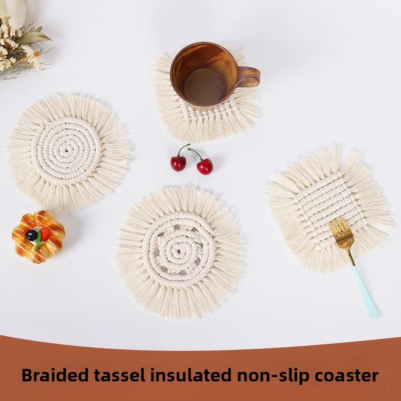 Hand-woven Coasters Round Placemats Tassel Home Decor Heat-resistant Non-slip Coasters Square бежевый