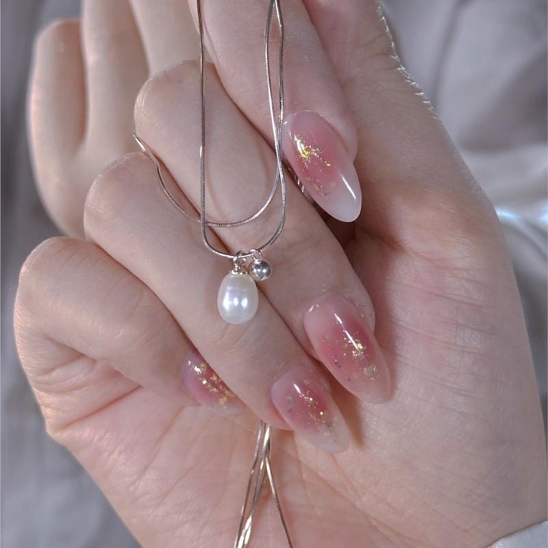 ANENJERY Sliver Color Double Layer Chain Imitation Pearl Water Drop Pendant Neckalce for Women Simple Jewelry Birthday Gifts