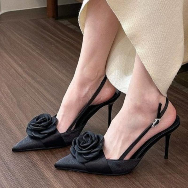 2024 New Women's Pointy Rose High Heels Female Spring Satin After Empty Shoal Sandals Female