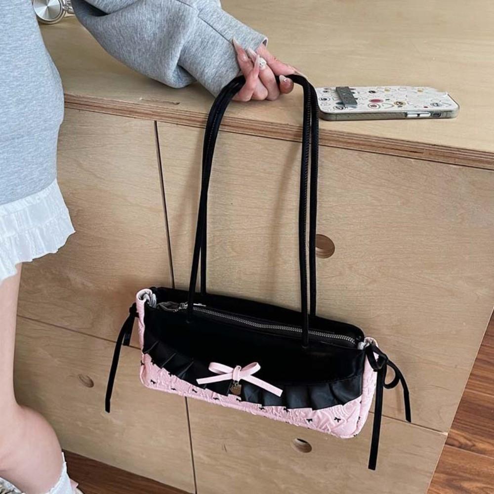 Black French Stick Handbag Denim Blue Cloth Underarm Bags Shopping Plaid Bow Shoulder Bag Travel