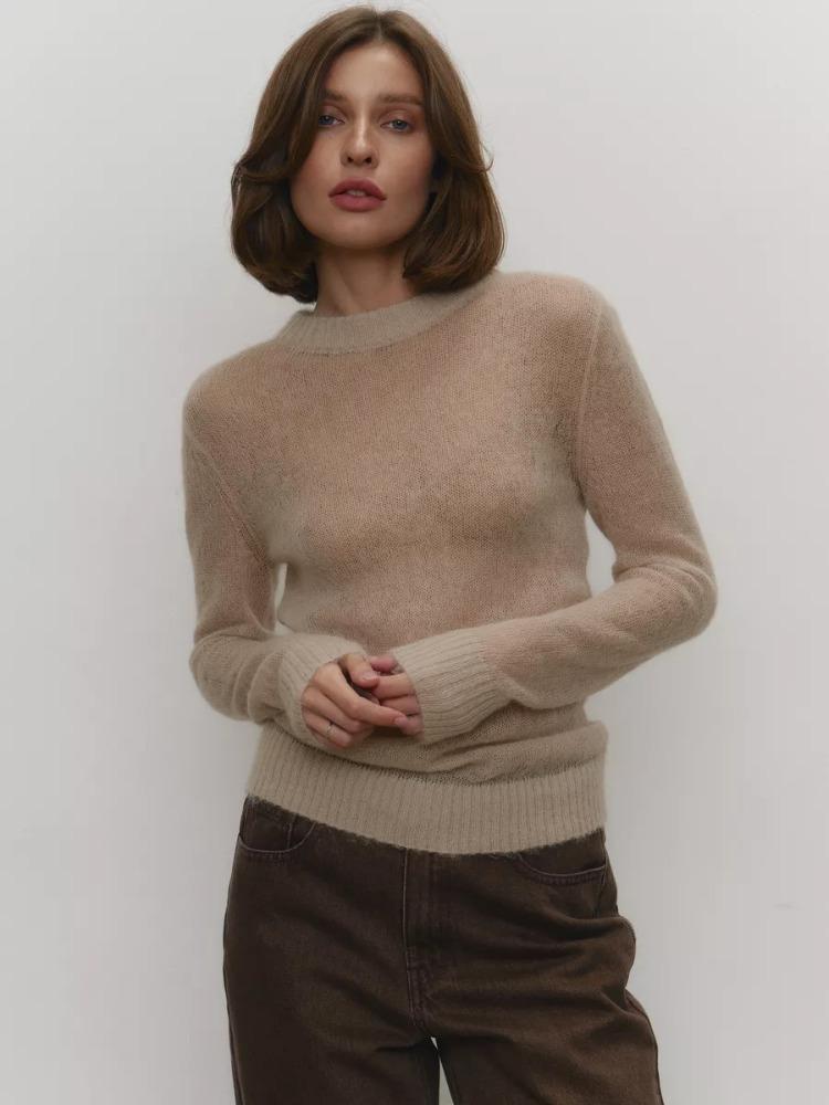 Spring Summer Mohair Round Neck Sweater Women's Semi-transparent Design Comfortable Versatile Knitted Bottoming Top