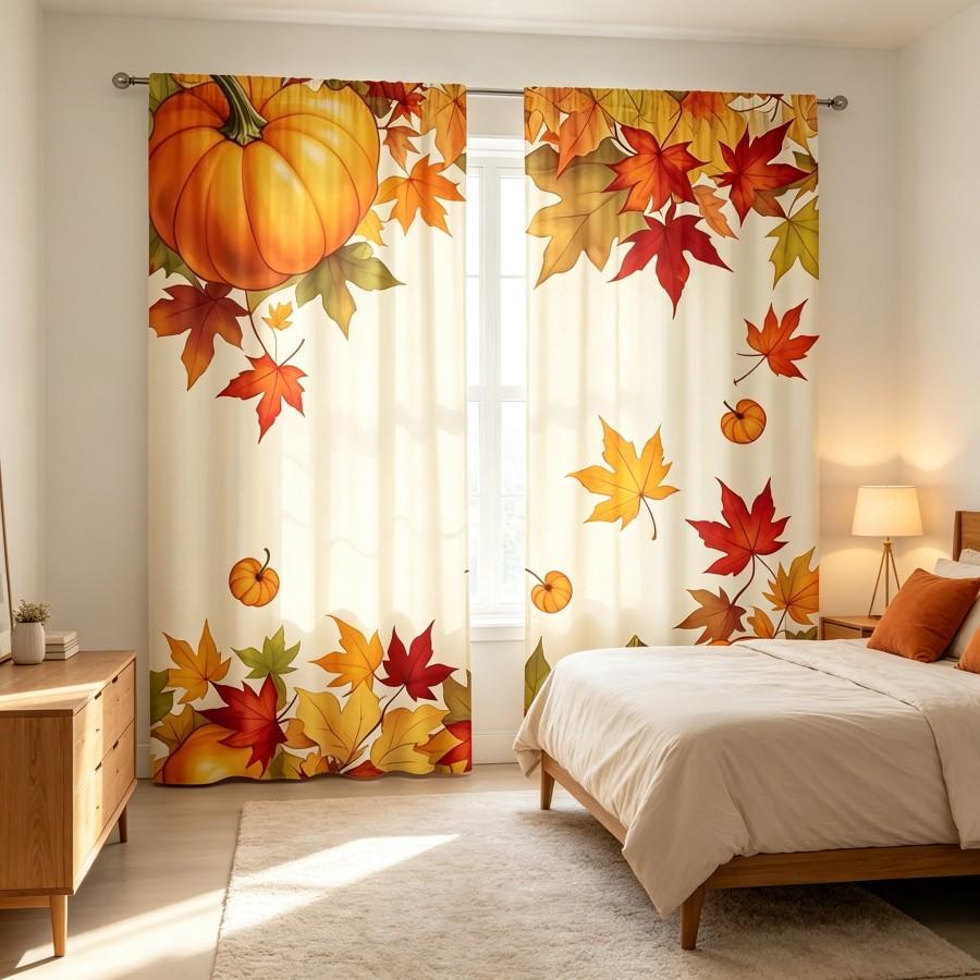 2PCS Digital Print Curtain, Diagonal Large Pumpkin Halloween Fall, Bold Autumn Spooky for Living Room Bedroom Kitchen Decor