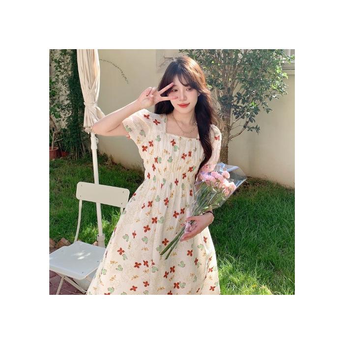 

Large size fat sister square neck floral dress women s summer new French retro high-end feeling waist and thin lisianthus skirt S