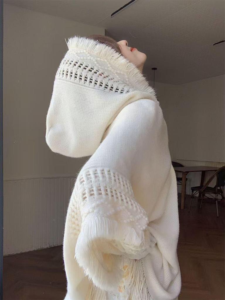 Solid Color Ethnic Shawl: Warm Knitted Tassel Cloak for 2024 Travel