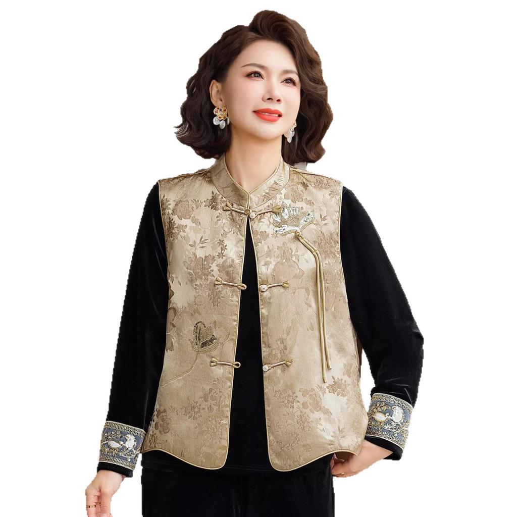 Elegant Mother's Set: Chinese-Style Spring Vest Jacket & Velvet Shirt for Middle-Aged Women
