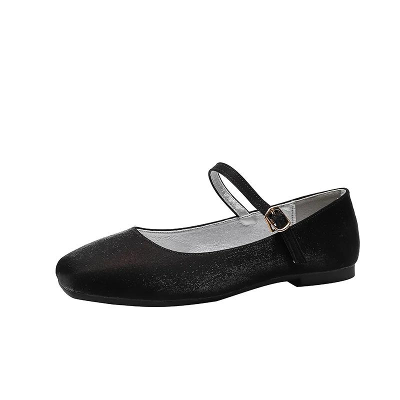 Flats Shoes Women Square Headed Flat Bottomed Mary Jane Shoes 2025 New French Retro Silk Single Shoes for Women Zapatos Mujer