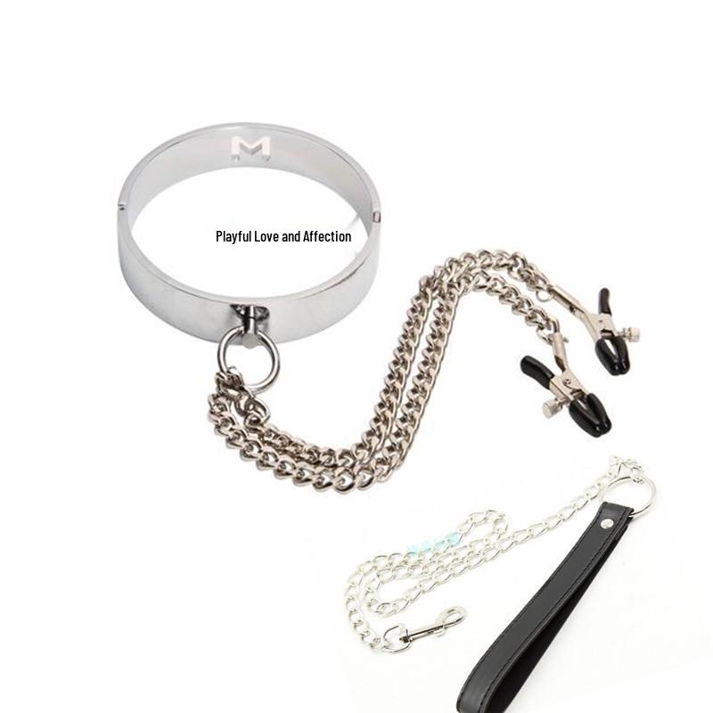 Metal Traction Collar with Nipple Clamps for BDSM Slave Training